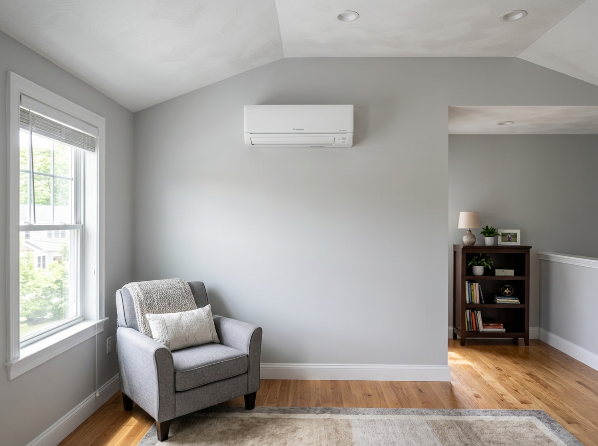 Wall-mounted ductless mini split indoor head installed high on a bonus room wall