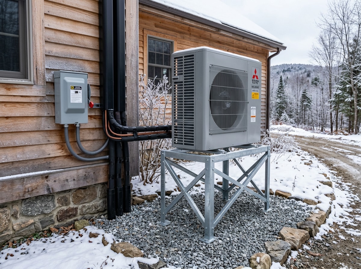 Multi-zone mini split outdoor condenser mounted on a galvanized snow stand beside a rural Wisconsin home