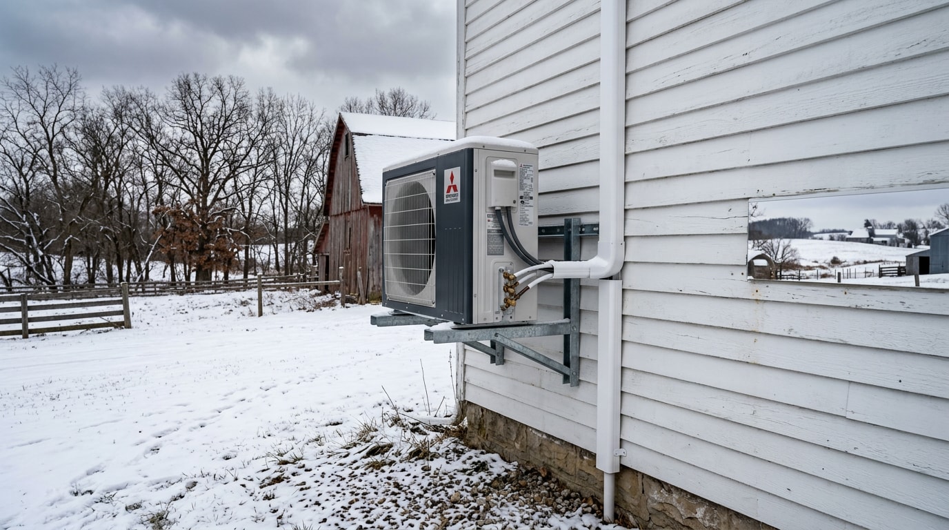 Ductless mini split outdoor condenser mounted on a wall bracket above the snow line at a rural Wisconsin home Ductless mini split outdoor condenser mounted on a wall bracket above the snow line at a rural Wisconsin home