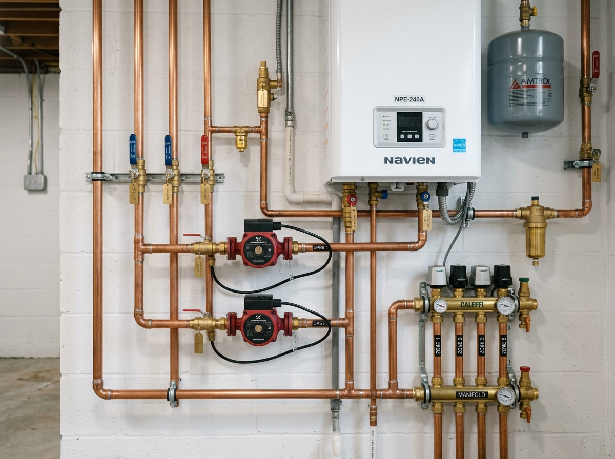Boiler room with a wall mounted condensing boiler, copper near boiler piping and circulators