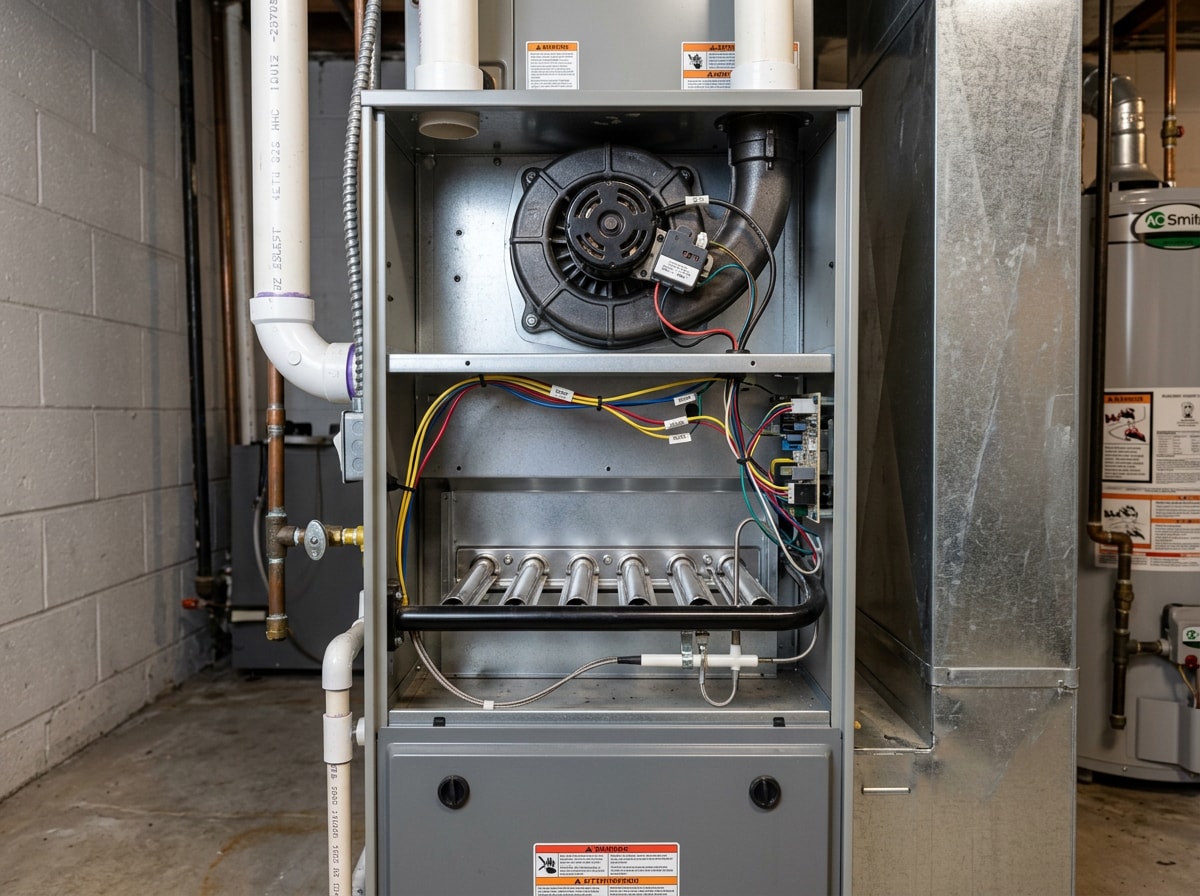 Gas furnace with its access panel removed showing a clean burner assembly and new igniter
