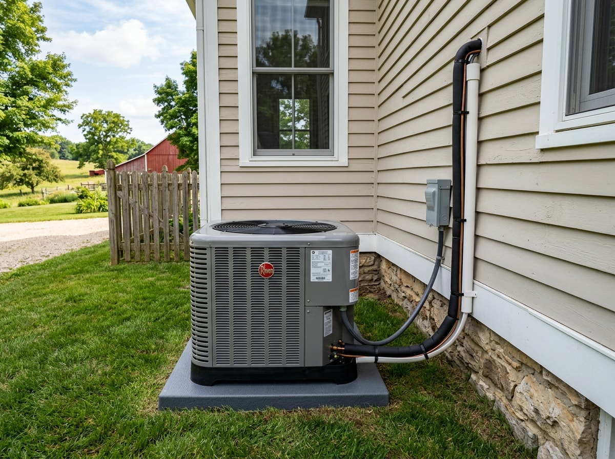 Outdoor condensing unit on a level pad beside a rural Wisconsin home with trimmed clearance