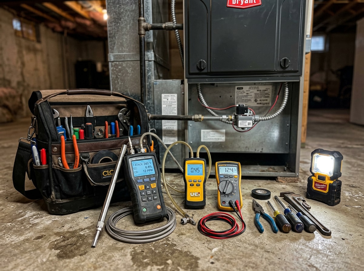 Technician tool bag with combustion analyzer and manometer set on a basement floor beside a furnace