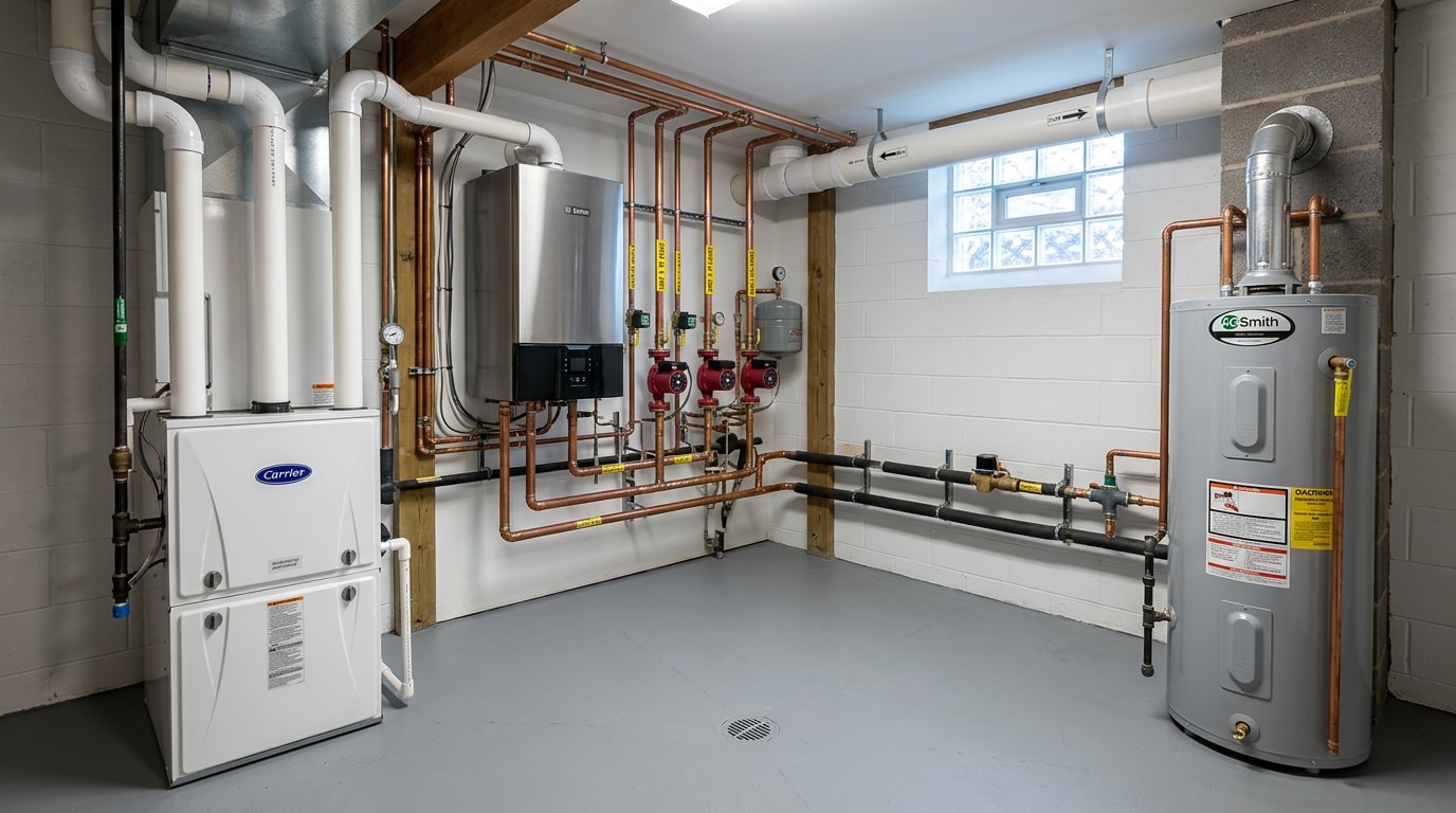 Finished basement mechanical room with a high efficiency furnace, boiler and water heater in a Stanley, WI home