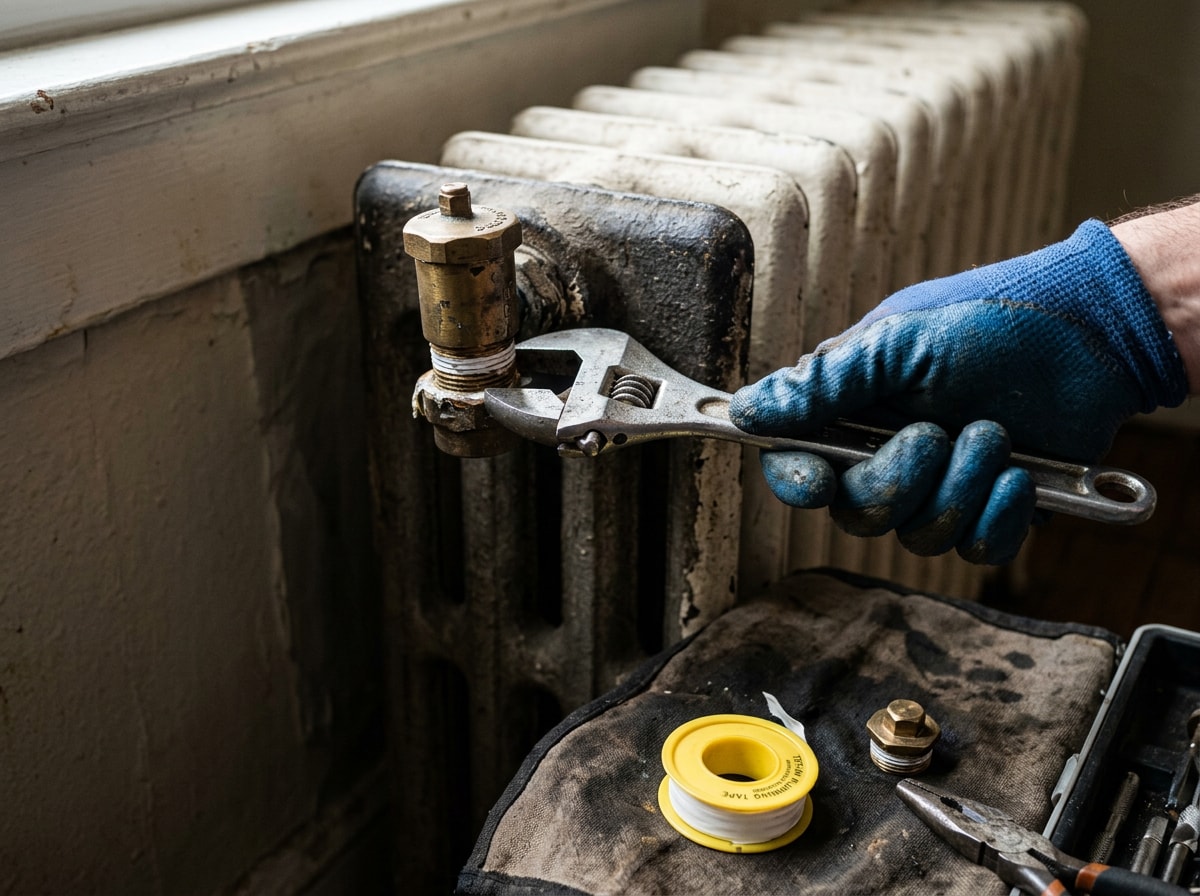 Technician removing an old steam radiator air vent to replace it