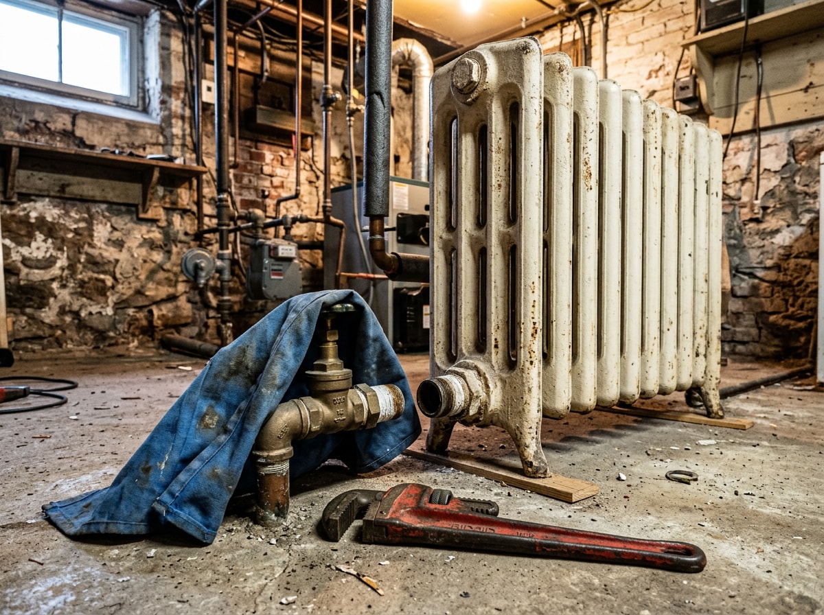 Technician disconnecting an old steam radiator from its supply valve