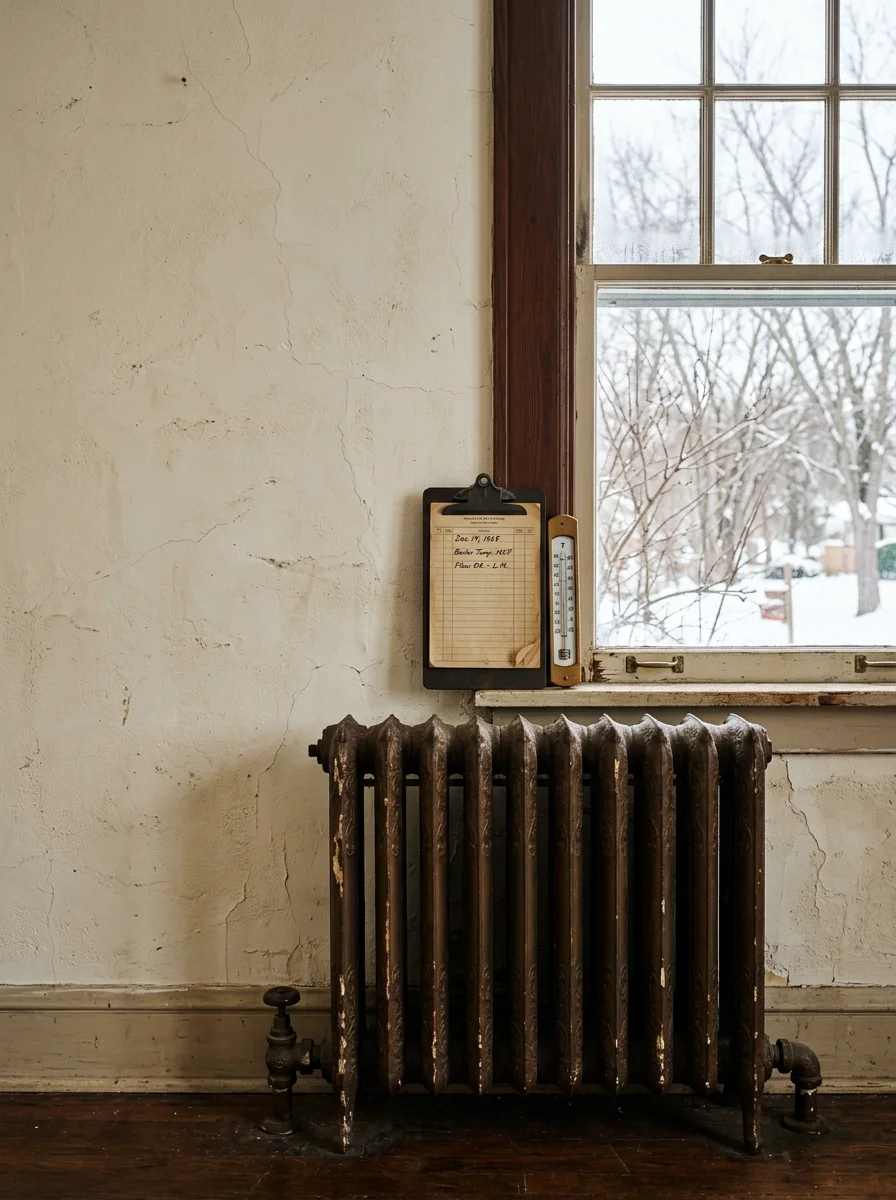HVAC technician reviewing a heating system in a 1920s-era Boyd, WI home with plaster walls and a cast-iron radiator visible.