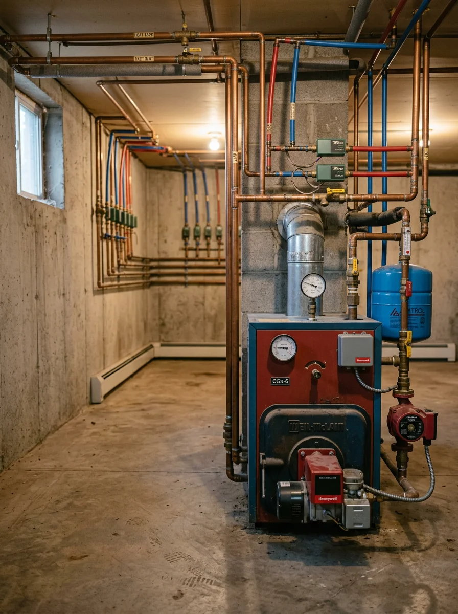 Boiler and hydronic piping system in a mechanical room of a Cadott, WI rural property, showing distribution lines running to baseboard heaters.