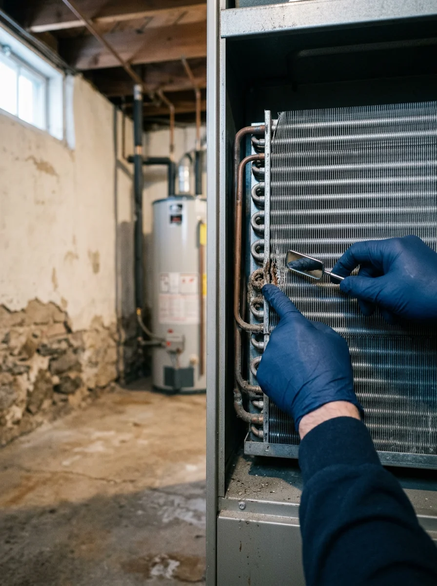 Close-up of a furnace heat exchanger being checked during a service call at a rural Chippewa County home in winter.