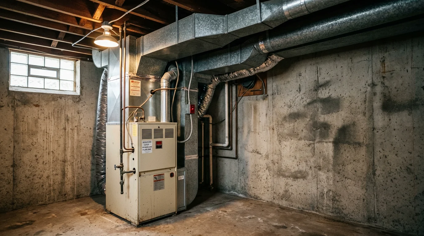 HVAC technician inspecting a forced-air furnace in a residential mechanical room in Chippewa County, Wisconsin, with ductwork visible overhead.