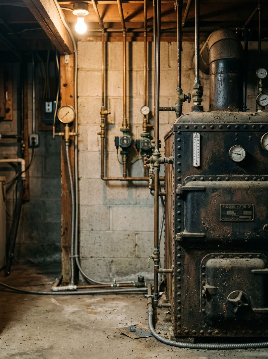Older cast-iron boiler in a mechanical room of a Clark County home, showing hydronic distribution piping.