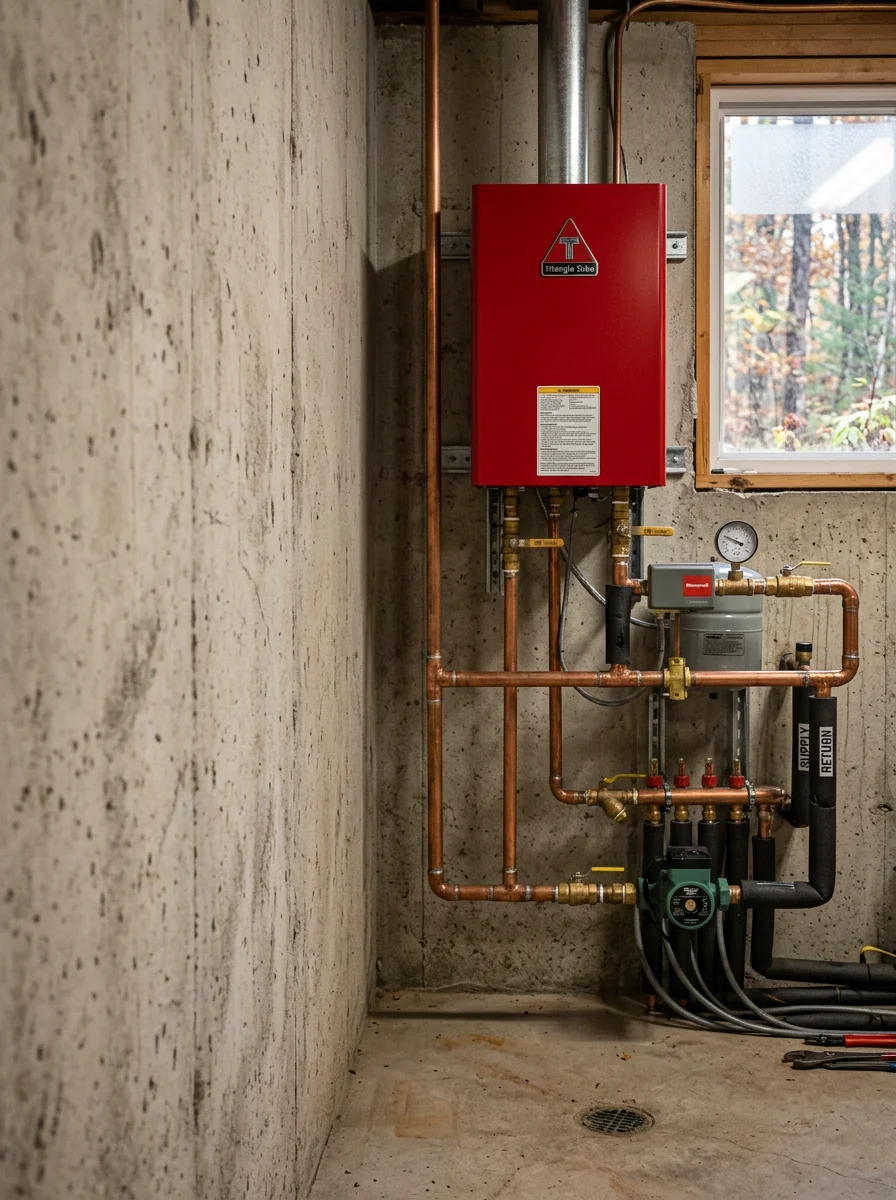 Propane boiler and hydronic piping in a rural Taylor County property near Gilman, WI, with forested land visible through a small basement window.