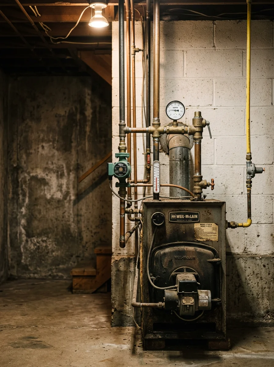 Older boiler system in a year-round Holcombe, WI home near the Holcombe Flowage, showing hydronic distribution piping and a propane supply line.