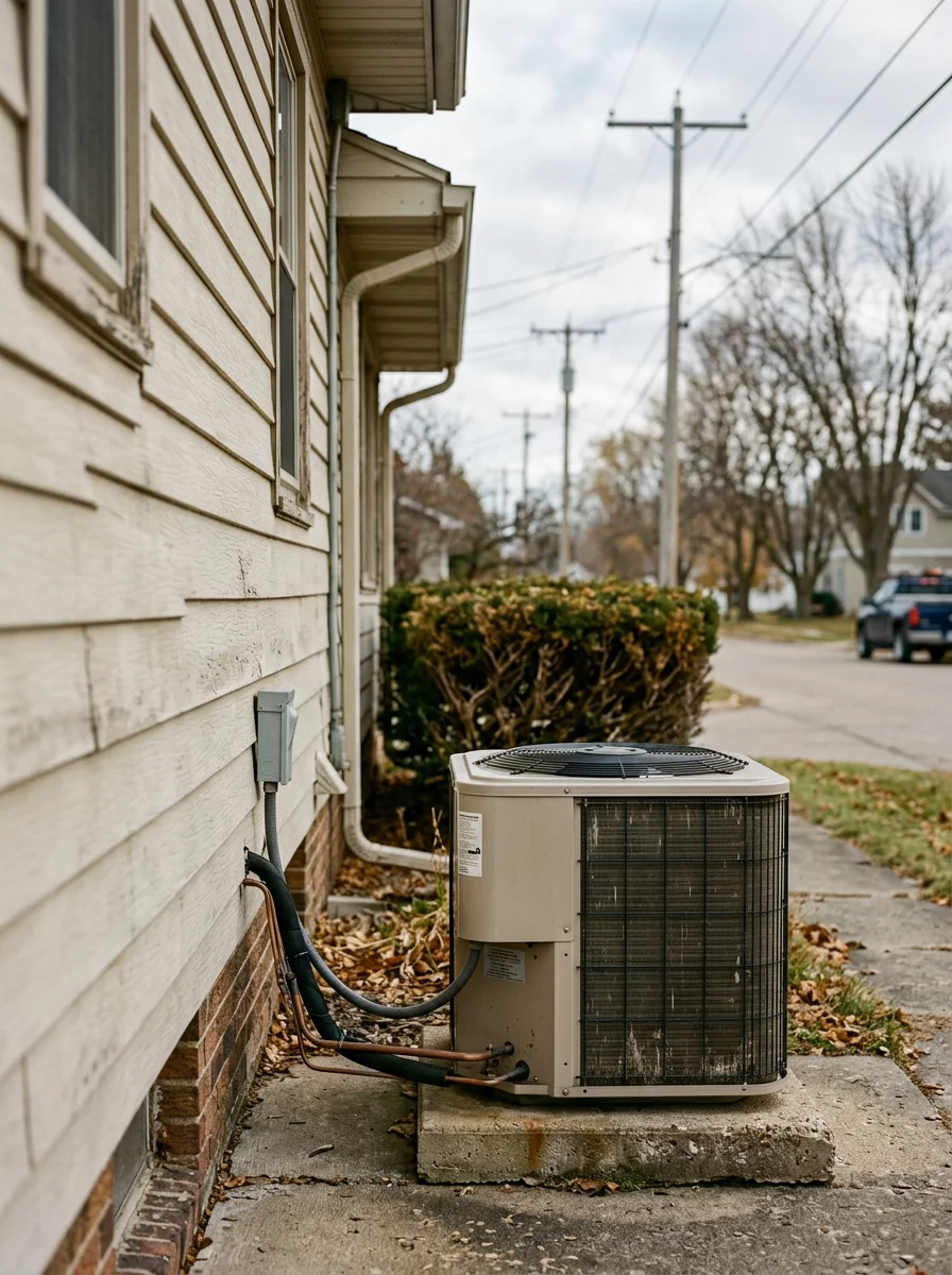 HVAC technician checking an AC unit outside an older Stanley, WI home on a residential street near the downtown area.