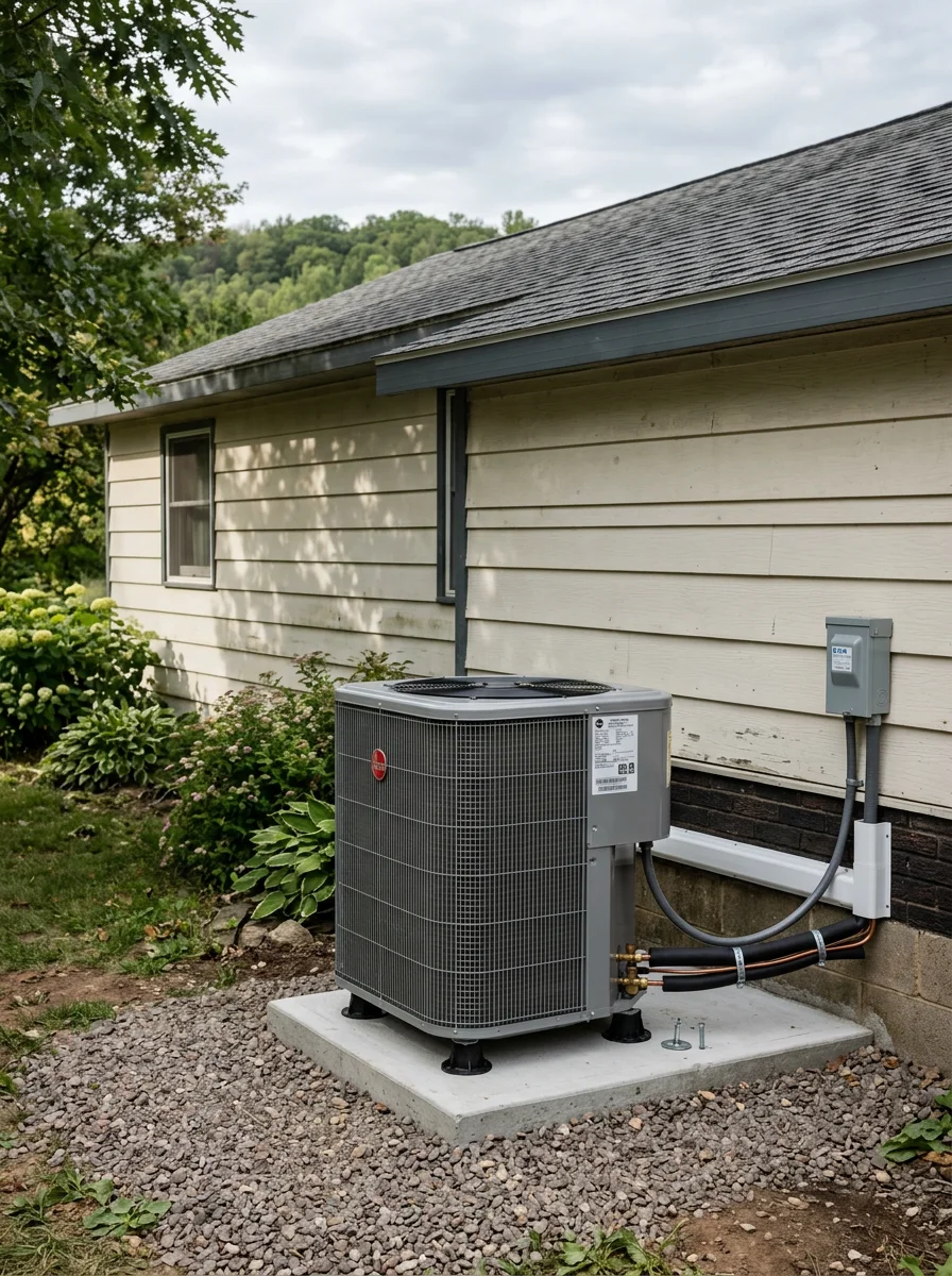 AC condenser unit being installed outside a residential home in Thorp, WI, with Clark County wooded hills visible in the background.