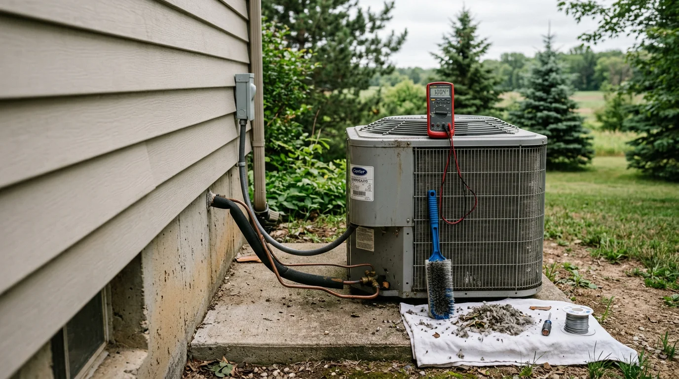 An HVAC technician inspecting the outdoor condenser unit of a residential A/C system in Chippewa County, Wisconsin. The unit sits beside a home with a rural yard, showing a clean coil and clear surrounding area after a professional maintenance visit.