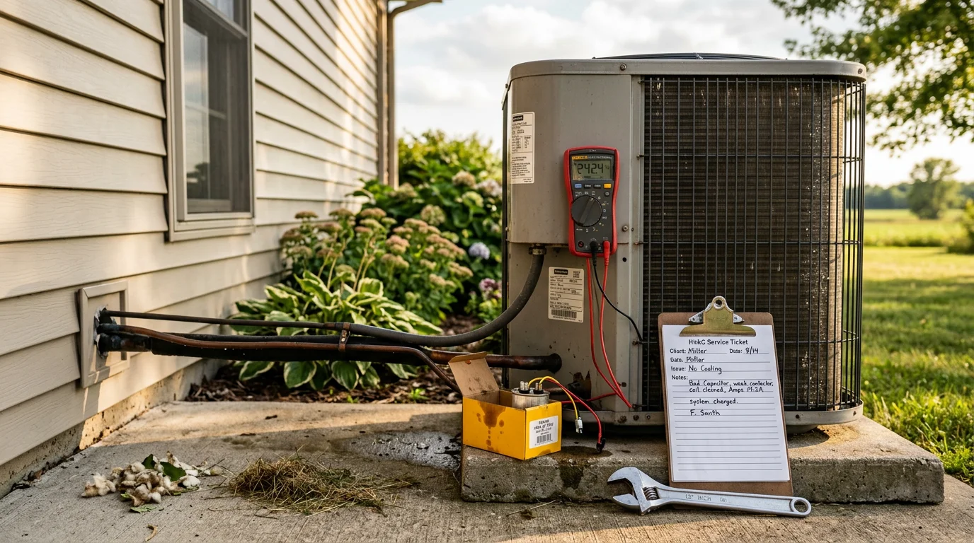 An HVAC technician inspecting the outdoor condenser unit of a central air conditioning system at a rural home in Chippewa County, Wisconsin. The technician checks refrigerant lines and coil condition during a warm summer service call.