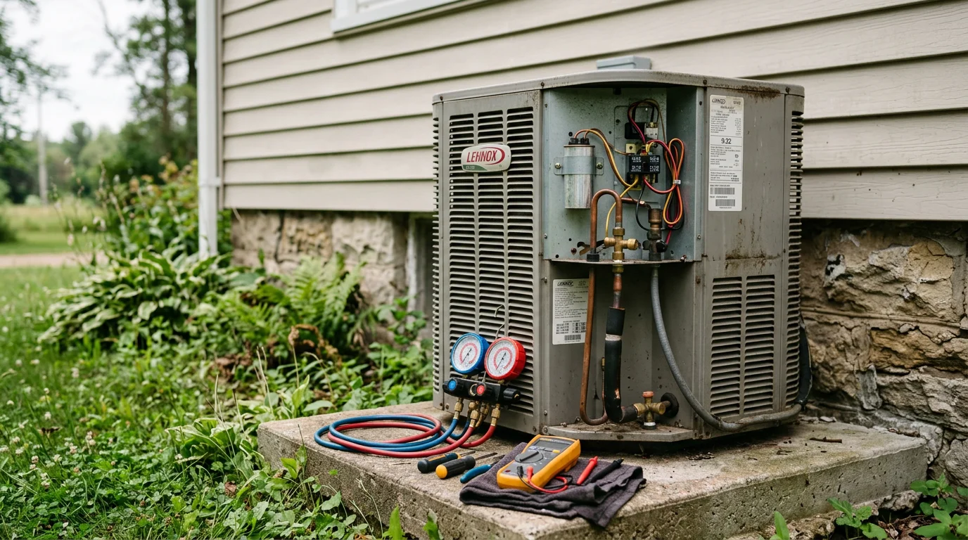 An HVAC technician inspecting an outdoor air conditioning unit at a residential home in Chippewa County, Wisconsin. The technician checks components on a warm summer day with a rural Wisconsin landscape visible in the background.