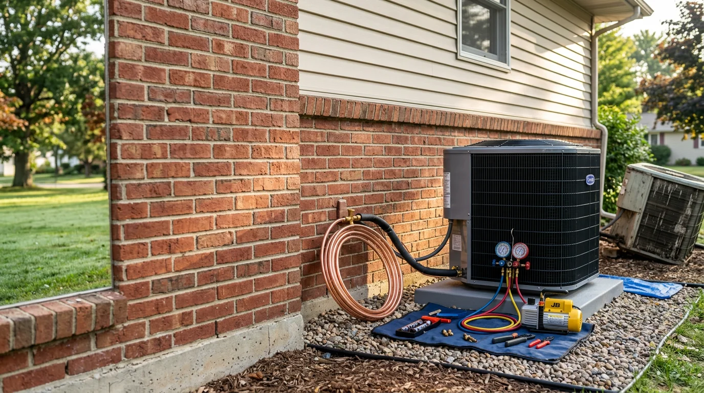 A new central air conditioning unit installed on the side of a residential home in Chippewa County, Wisconsin. A technician from Delmar Air LLC checks the system connections after completing the replacement.