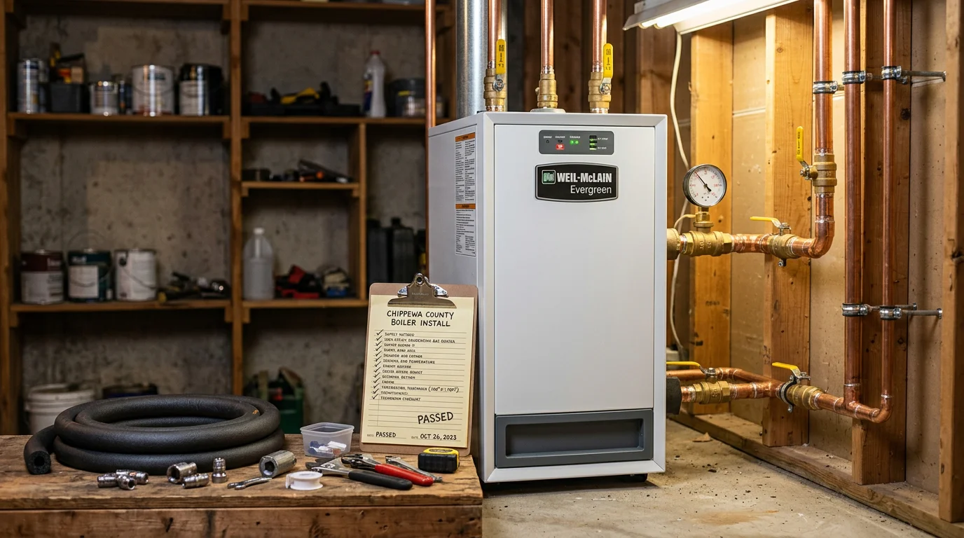A newly installed residential boiler in a utility room of a rural Chippewa County home, with clean piping connections and a pressure gauge visible. The installation shows properly run supply and return lines typical of a Wisconsin home heating setup.