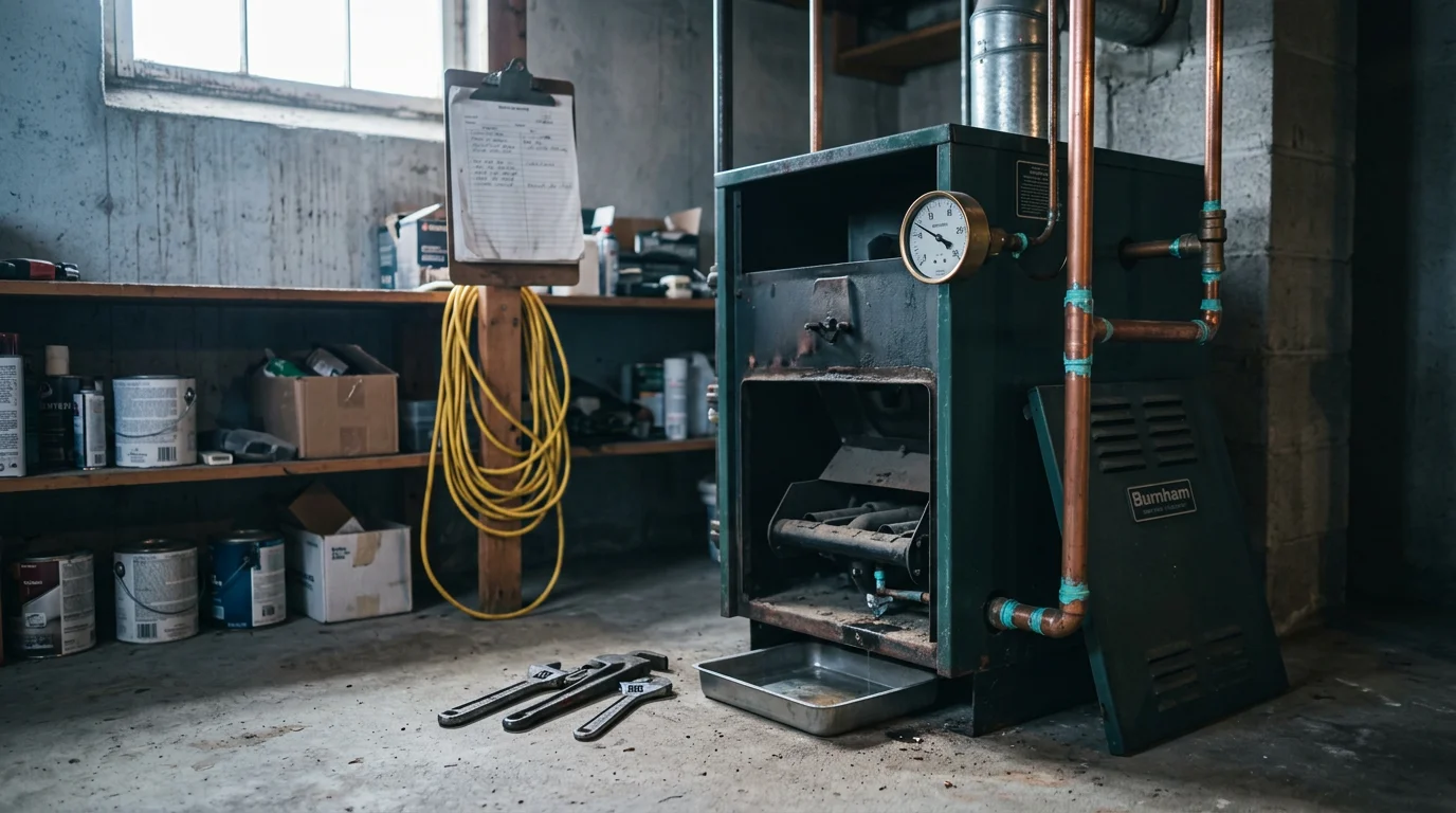 A heating technician inspecting a residential boiler system in a Chippewa County, Wisconsin home. The image shows the boiler unit, visible piping, and a pressure gauge being checked during a repair service call.