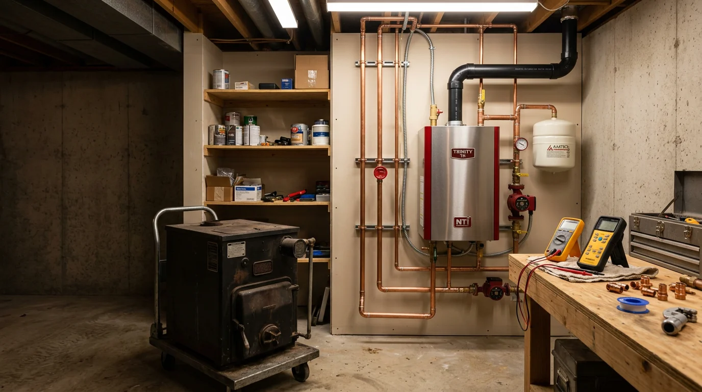 A newly installed residential boiler in a utility room of a Chippewa County home, with clean pipe connections and a modern control panel visible. The surrounding space is tidy, showing a completed boiler replacement ready for the Wisconsin heating season.