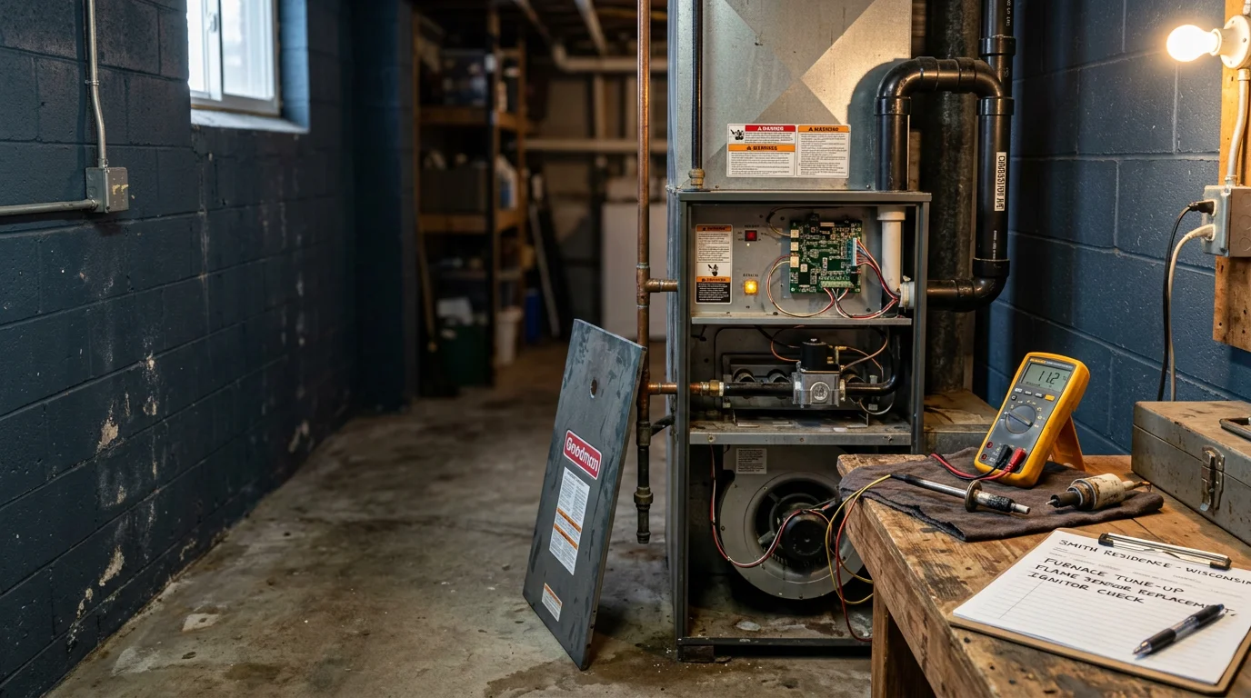 An HVAC technician inspecting the internal components of a residential furnace during a repair visit in a Chippewa County home. The technician examines the heat exchanger and blower assembly in a utility room setting.