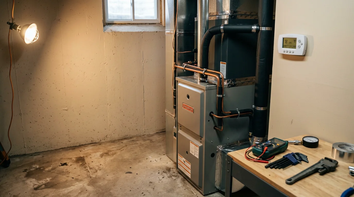 A new furnace installed in a home utility room in Chippewa County, Wisconsin, with clean ductwork connections and a properly sealed unit ready for winter operation.