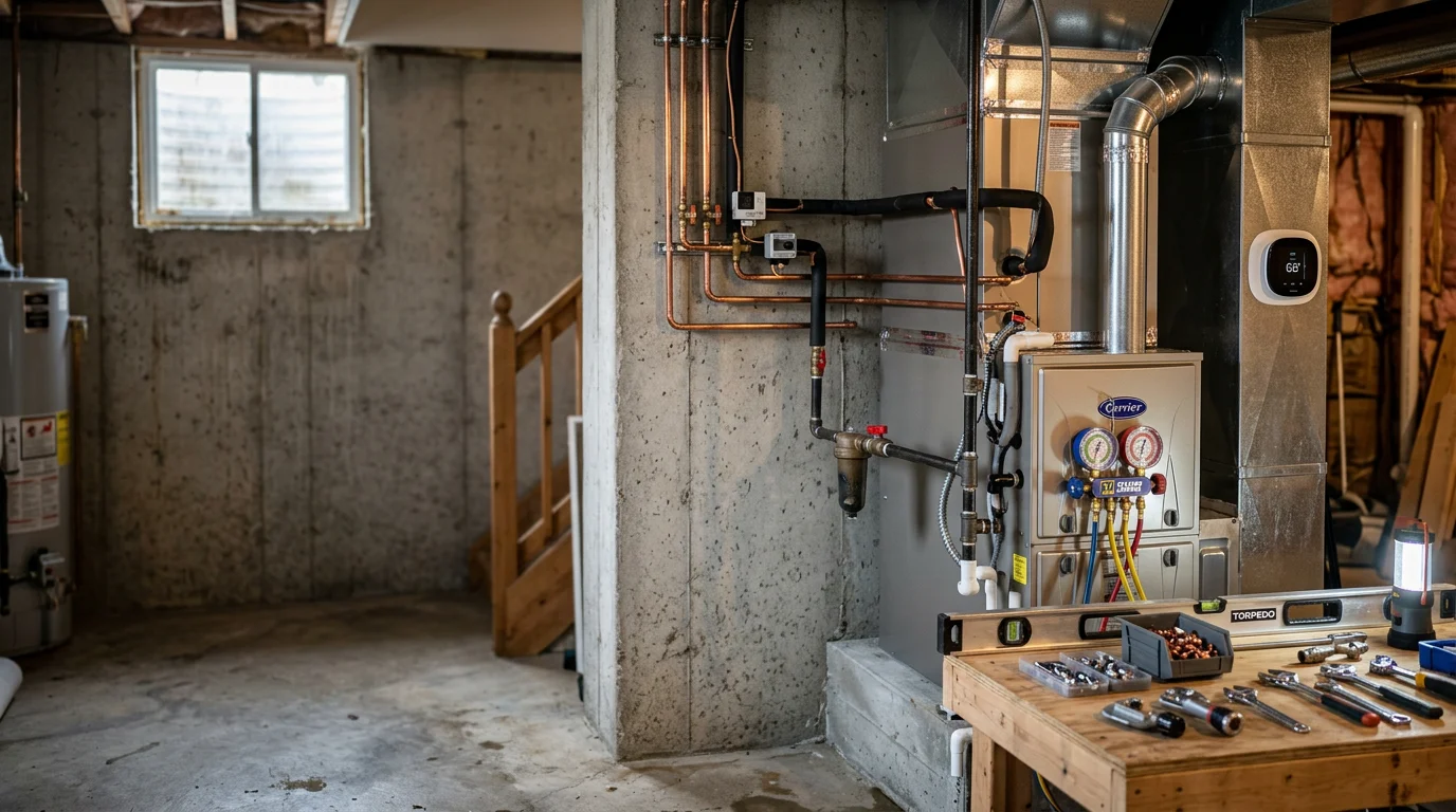 A newly installed residential heating system in a Chippewa County home, showing the indoor unit, ductwork connections, and thermostat wiring completed by Delmar Air LLC. The setup reflects a full heating installation ready for Wisconsin winter conditions.