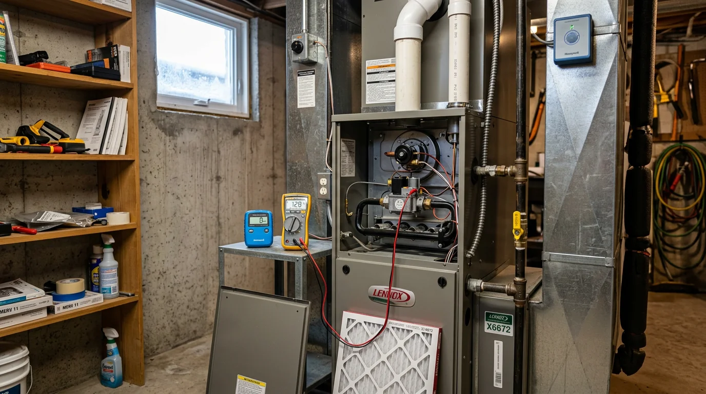 An HVAC technician inspecting and servicing a residential furnace during a heating system maintenance visit in Chippewa County, Wisconsin. The technician checks internal components including the burner assembly and heat exchanger in a home utility room.