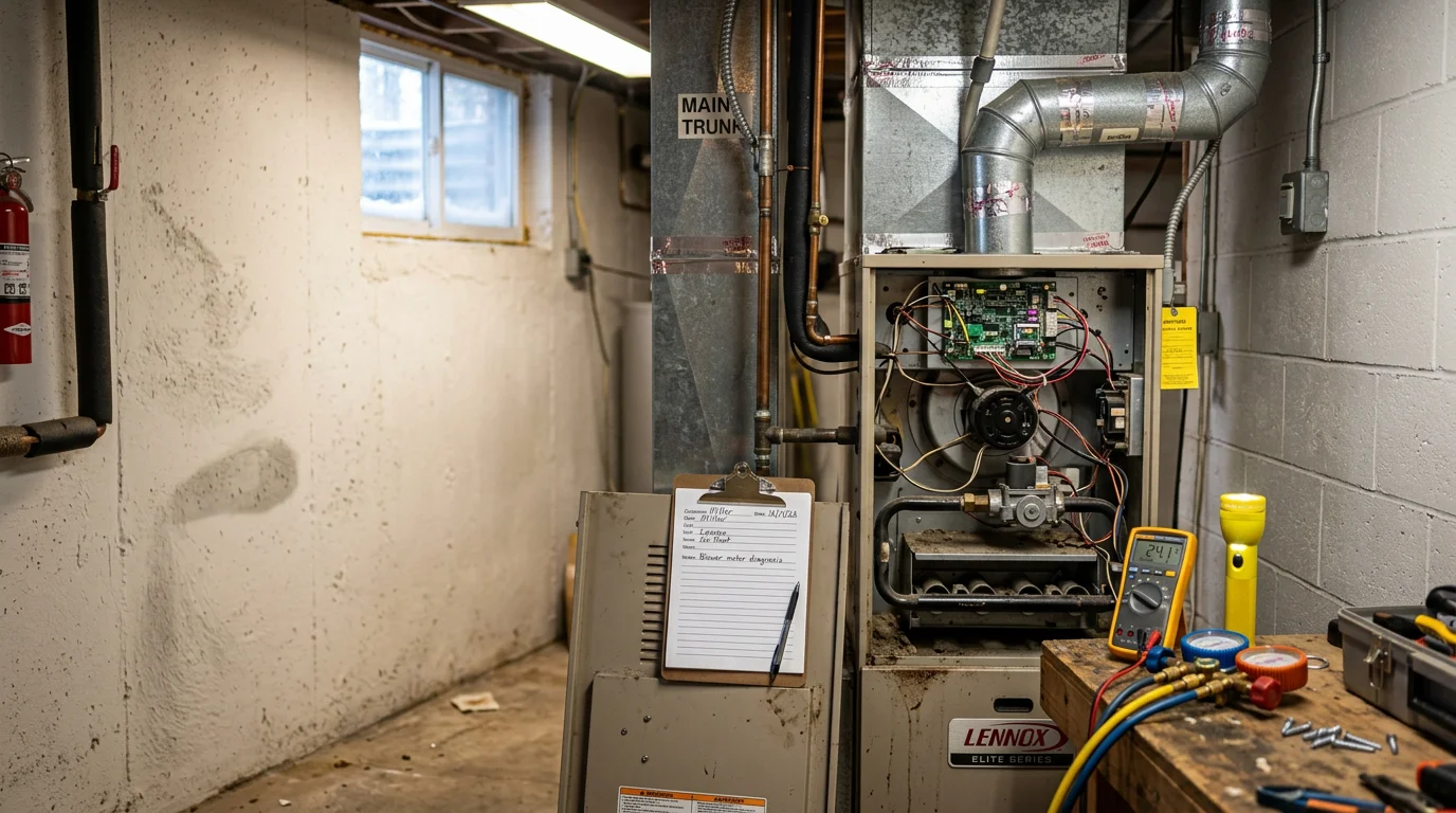 An HVAC technician inspecting a residential furnace unit during a heating system repair call in Chippewa County, Wisconsin. The image shows the interior components of the heating system being examined in a home utility room.