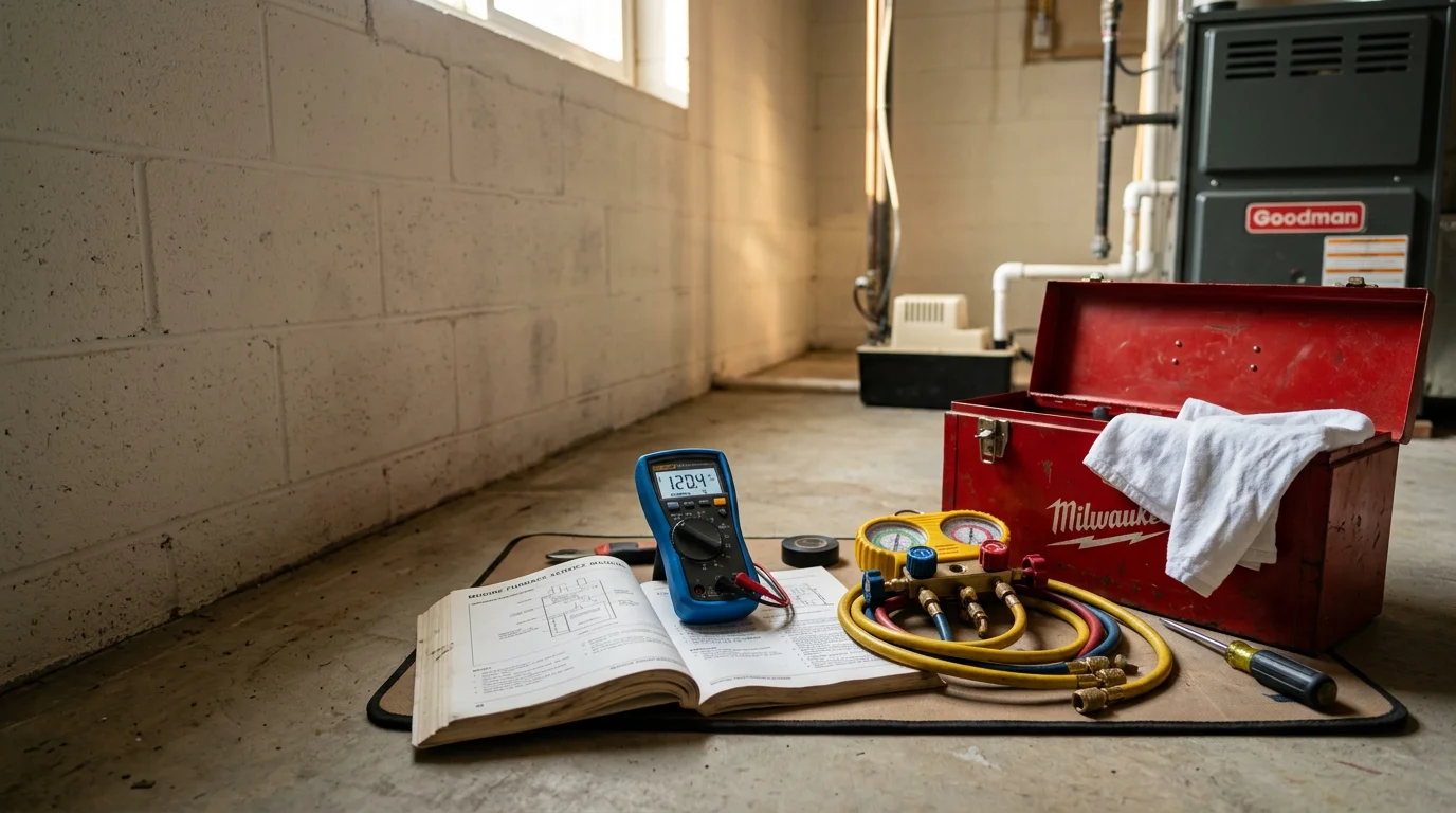 A technician inspecting and servicing a residential HVAC system inside a home in Chippewa County, Wisconsin. The image shows the interior components of a furnace being checked during a routine maintenance visit.