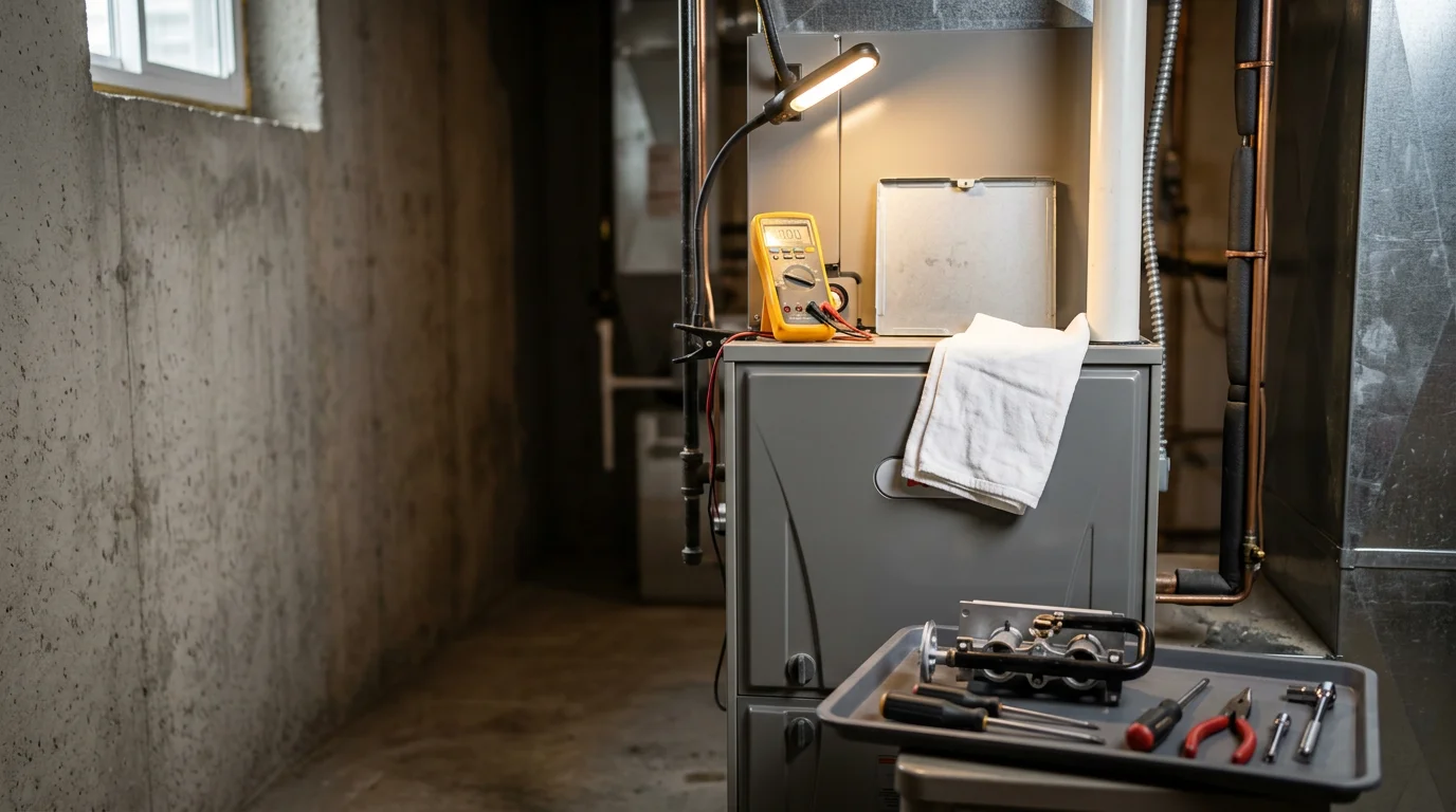 An HVAC technician inspecting and servicing a residential furnace unit inside a home in Chippewa County, Wisconsin. The technician checks internal components as part of a seasonal maintenance visit before winter.