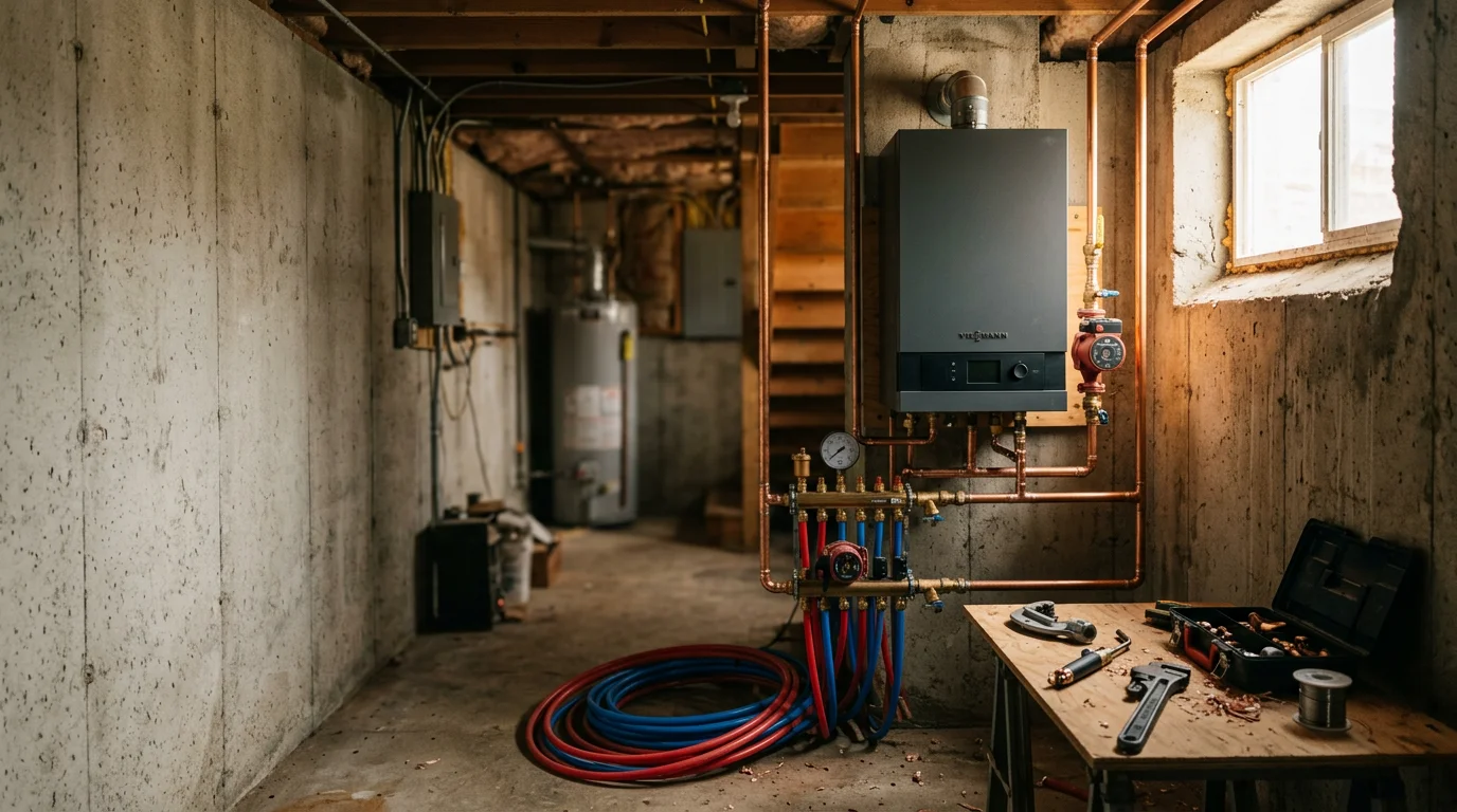 A newly installed hydronic heating system with visible piping and a boiler unit inside a home in Chippewa County, Wisconsin. The clean pipe runs and manifold connections show a complete residential hydronic installation ready for operation.