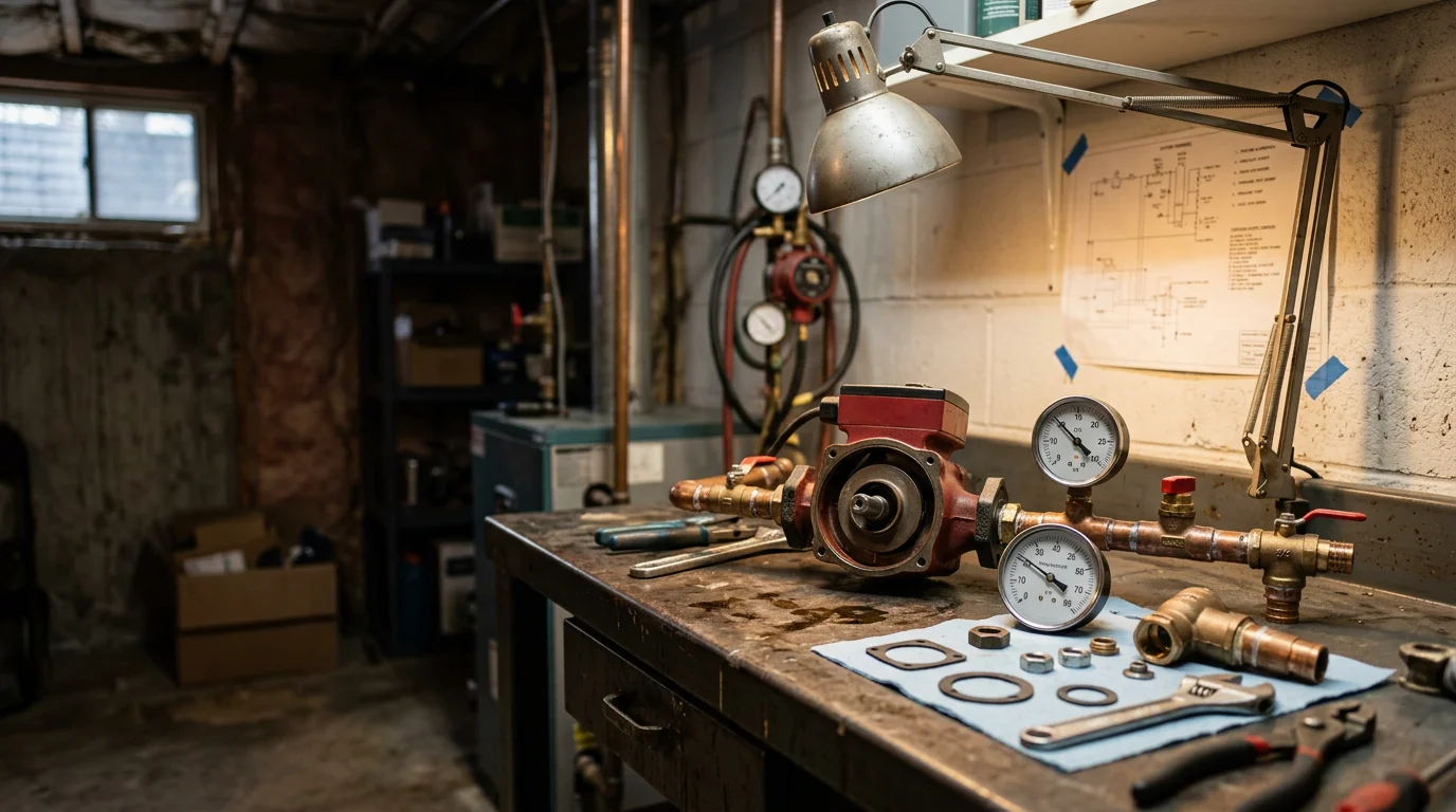 A hydronic heating system with visible pipe connections and a circulator pump in a residential mechanical room in Chippewa County, Wisconsin. A technician inspects the zone valves and pressure gauge during a repair service call.
