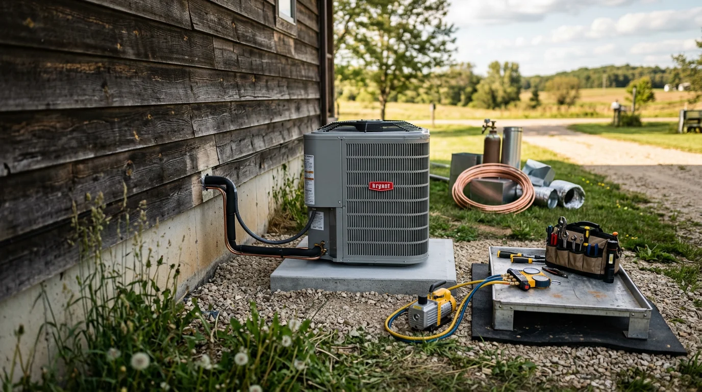 A newly installed central air conditioning outdoor condenser unit beside a residential home in Chippewa County, Wisconsin. A technician from Delmar Air LLC checks the unit connections on a clear summer day.