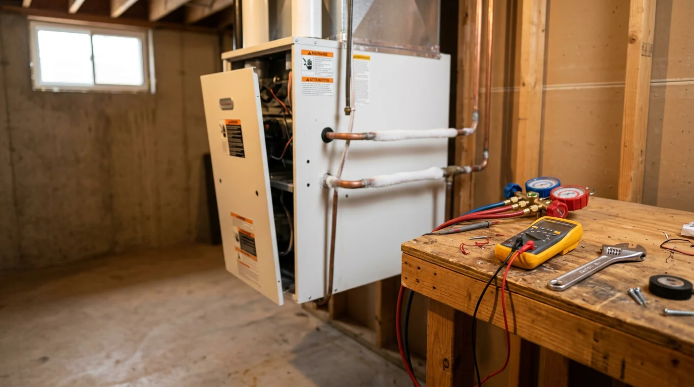 An HVAC technician inspecting a residential furnace unit during a repair visit in Chippewa County, Wisconsin. The technician examines internal components with a flashlight in a home utility room.